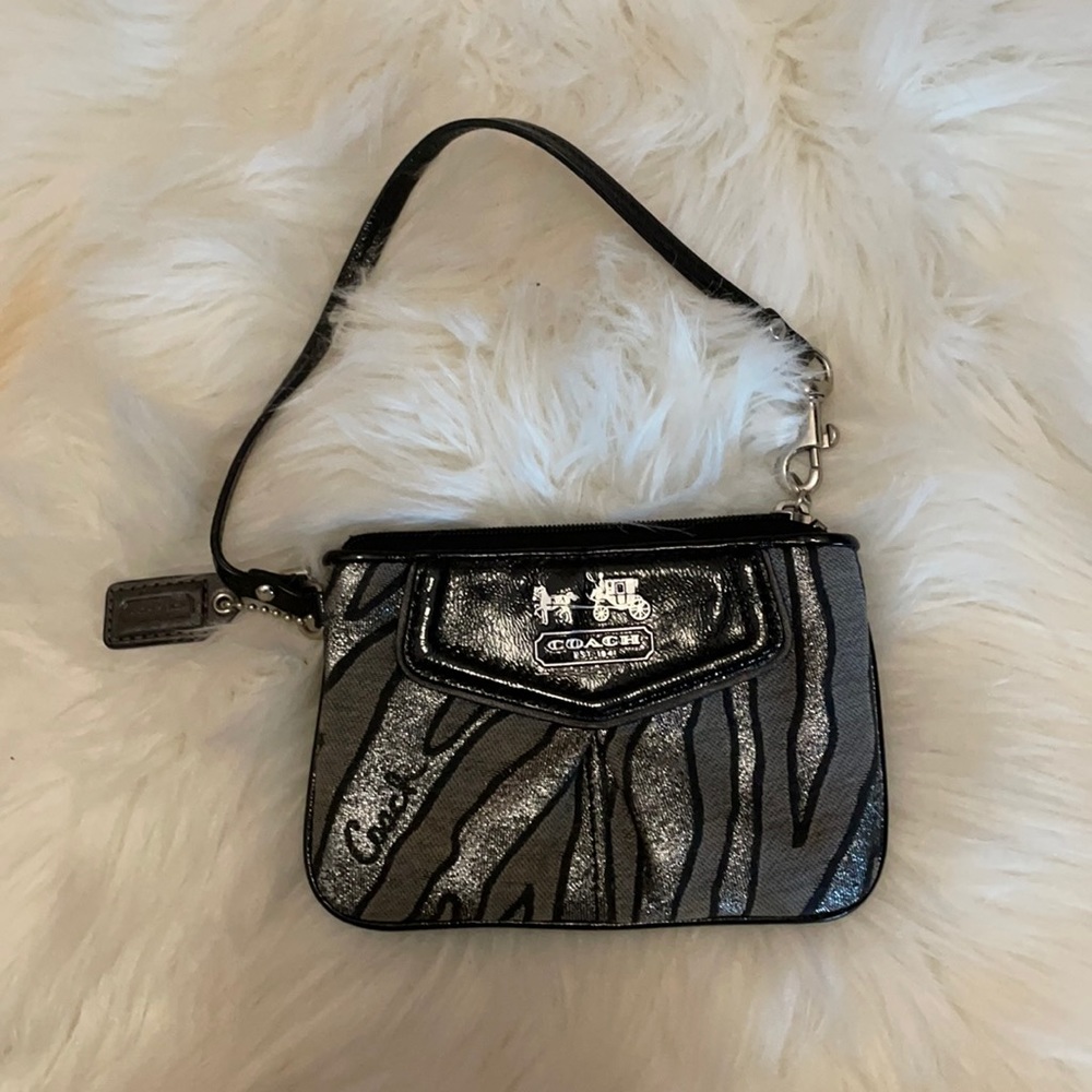 Patent leather, and metallic fabric wristlet